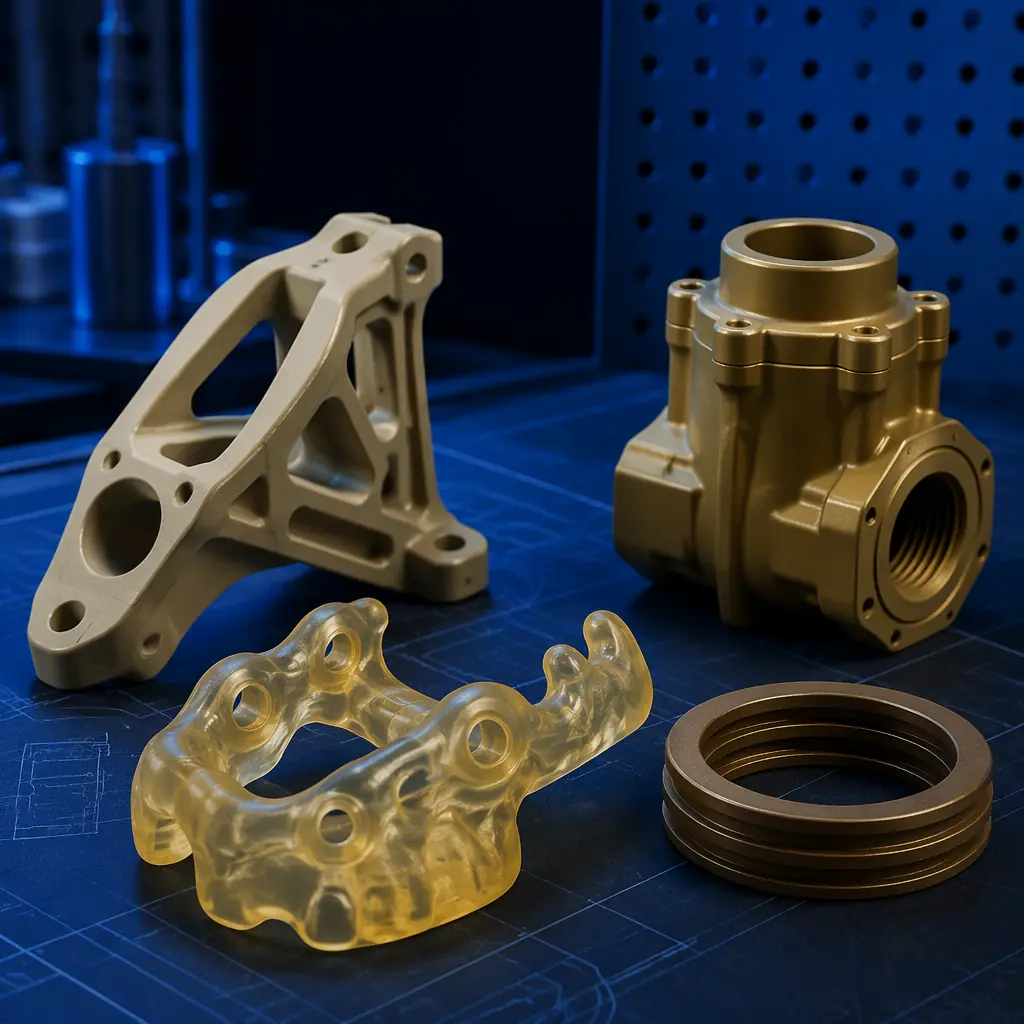 Collection of industrial 3D printed PEEK and PEI parts: aerospace bracket, medical implant guide, oil and gas valve component, chemical processing seal ring, on dark surface with technical lighting
