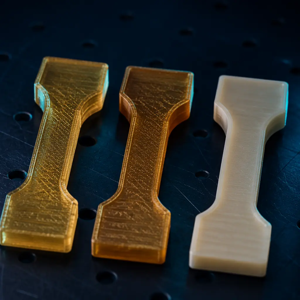 Side-by-side comparison of PPSU, PEI, and PEEK printed test coupons on a dark engineering workbench, showing surface finish and color differences between the three materials