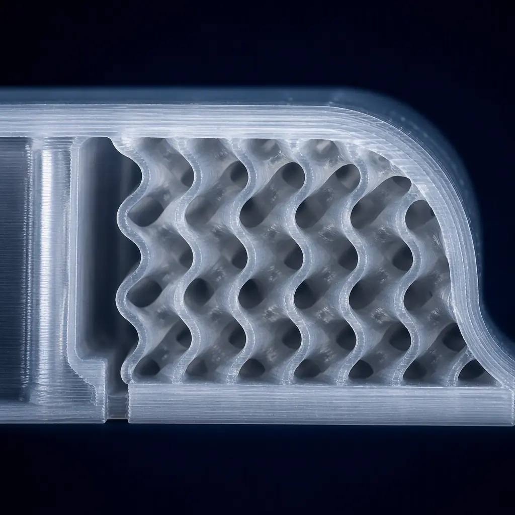 Cross-section of a 3D printed part showing gyroid infill pattern inside translucent PLA shell, macro studio shot on dark background