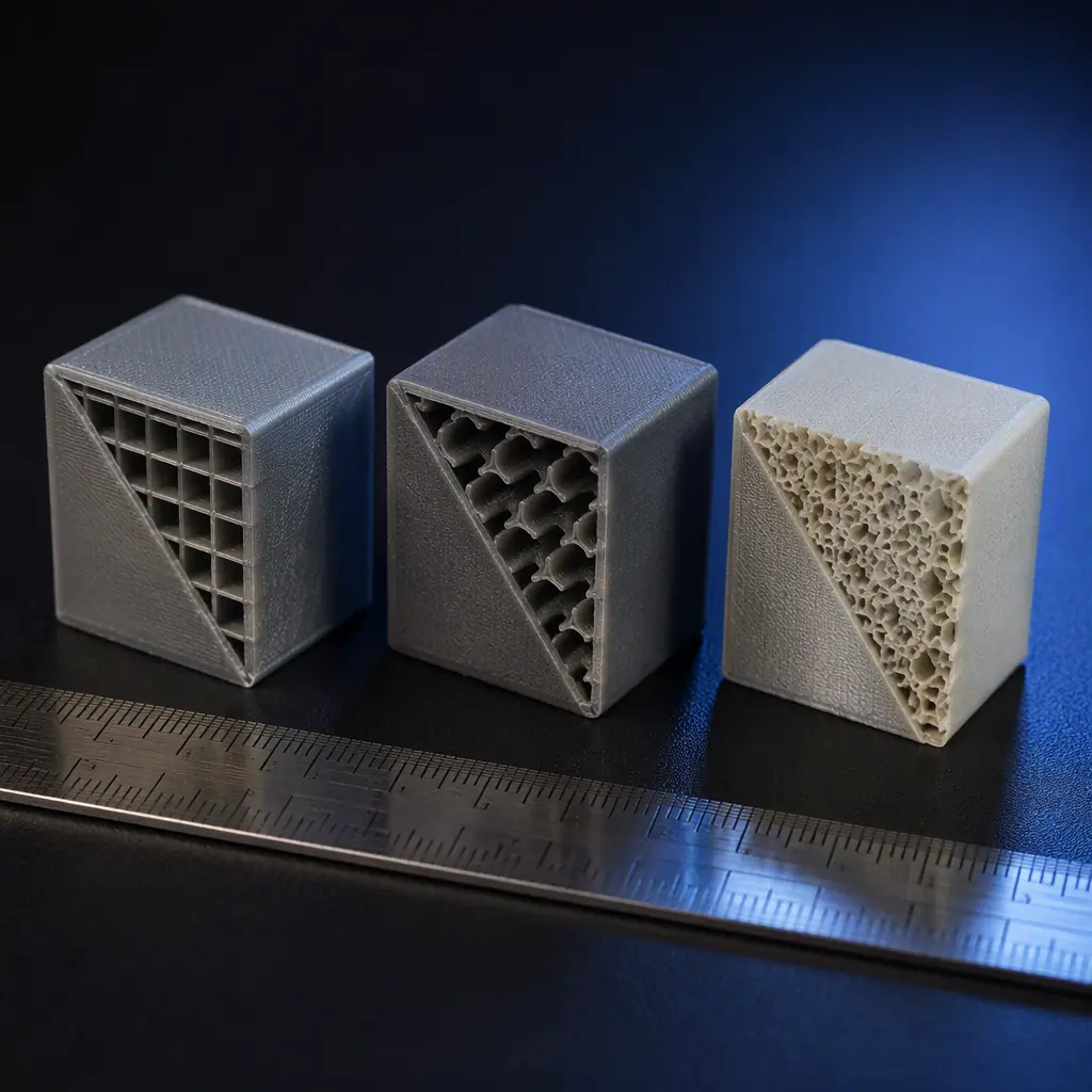 Three 3D printed test cubes with different infill densities cut open to show internal structure, arranged on dark surface with ruler, engineering studio lighting