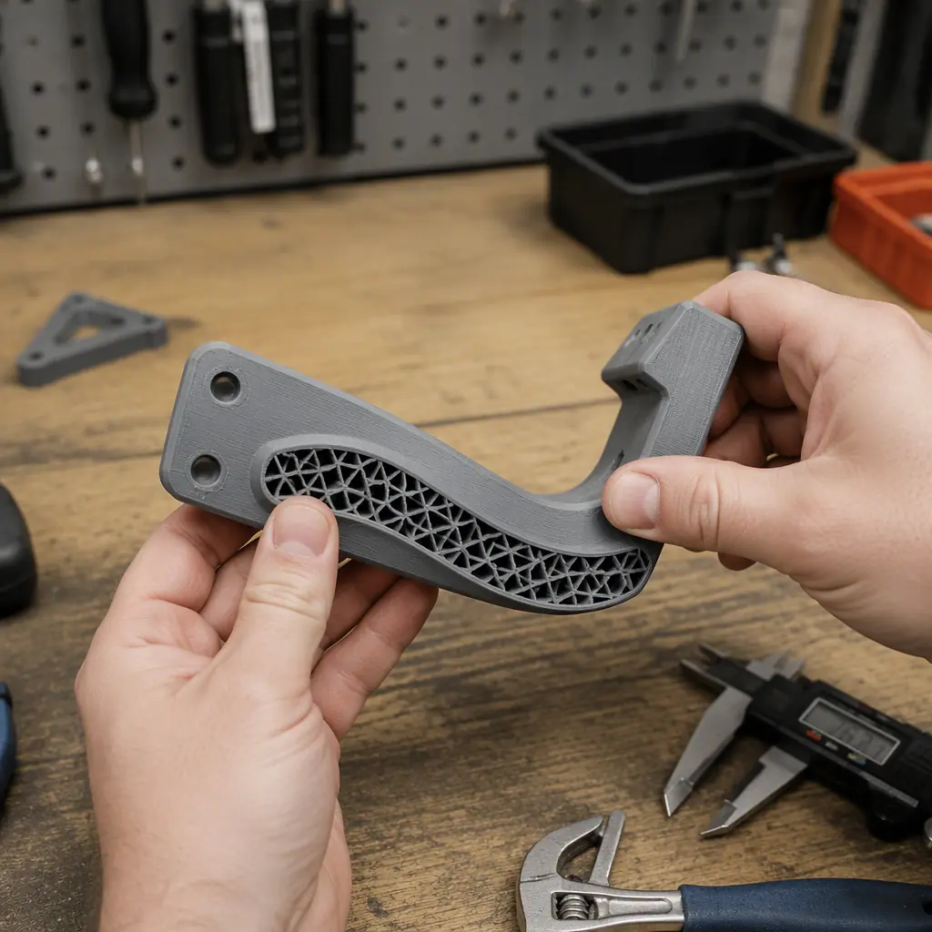 3D printed bracket being hand-tested for flex in an engineering workshop, infill visible through a cutaway section, tools on bench