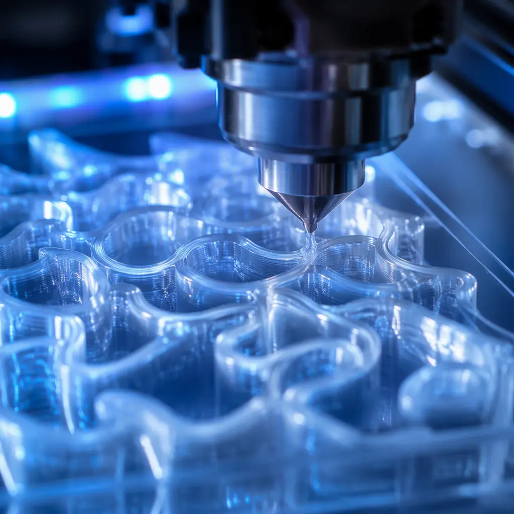 Extreme macro of a 3D printer nozzle depositing gyroid infill lines inside a translucent part, LED-lit print chamber, precise engineering detail