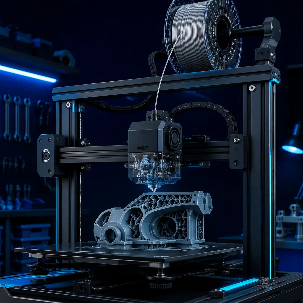 Side-by-side comparison display showing injection molded plastic part and identical 3D printed part on inspection table, surface finish details visible on both, calipers and quality documentation nearby, manufacturing lab environment with deep navy background