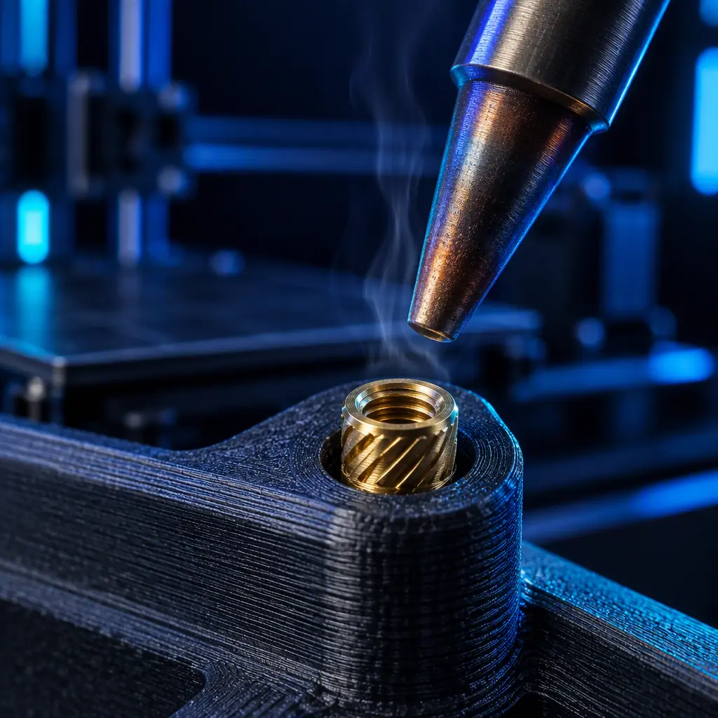 Macro photograph of a brass threaded insert seated in a 3D printed boss on a dark matte surface, showing the melted collar around the flange under angled light