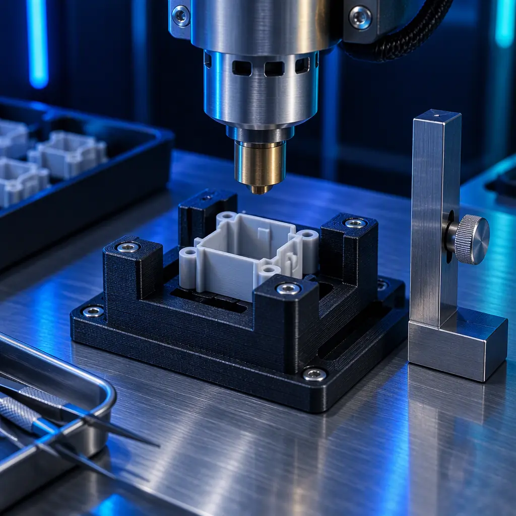Photograph of a bench assembly station with a printed alignment nest holding a small plastic component, a temperature-controlled insert tool head resting above it, and a height stop gauge on a brushed steel bench