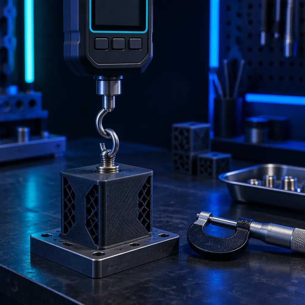 Photograph of a small pull-test fixture with a hook and a digital force gauge attached to a threaded insert in a printed plastic block on a dark workbench