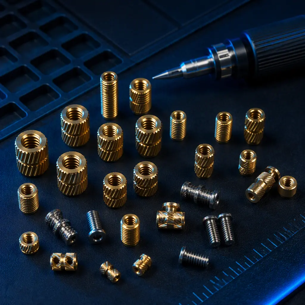 Array of brass heat-set inserts on a dark anti-static mat: knurled M3 M4 M5 M6 inserts, self-tapping thread-forming screws, ultrasonic inserts, and a soldering-iron insertion tip beside them, studio macro lighting