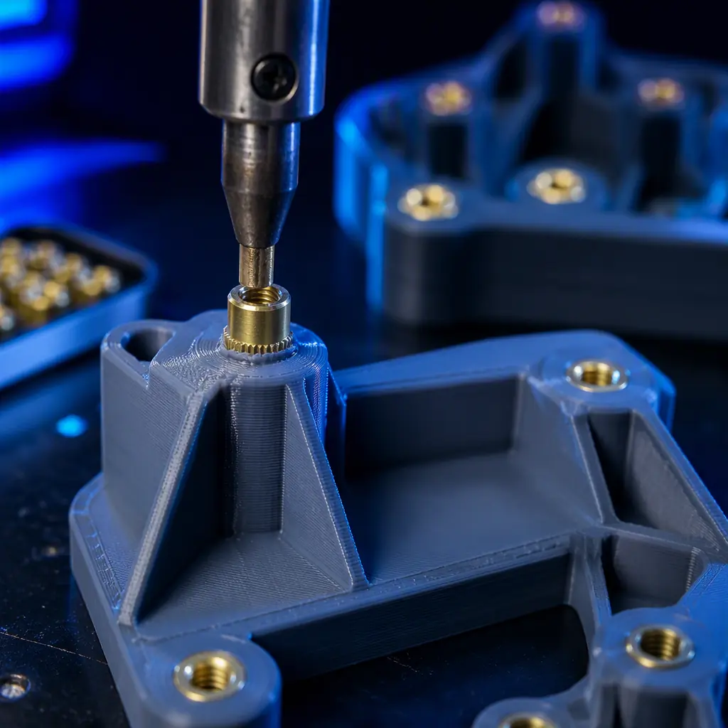 Macro close-up of a brass heat-set insert being pressed into a 3D printed PETG boss with a soldering-iron tip, slight melt ring visible around the insert, printed bracket with multiple inserted brass threads on the workbench, workshop lighting