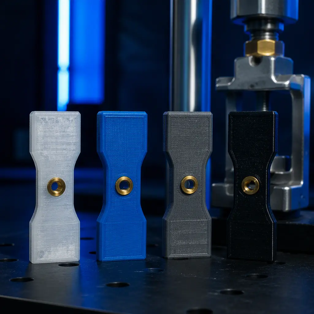 Side-by-side macro comparison of four 3D printed test coupons in PETG, ABS, ASA, and nylon, each with a brass heat-set insert and a pull-test gauge fixture, on a dark lab bench, precise engineering photography