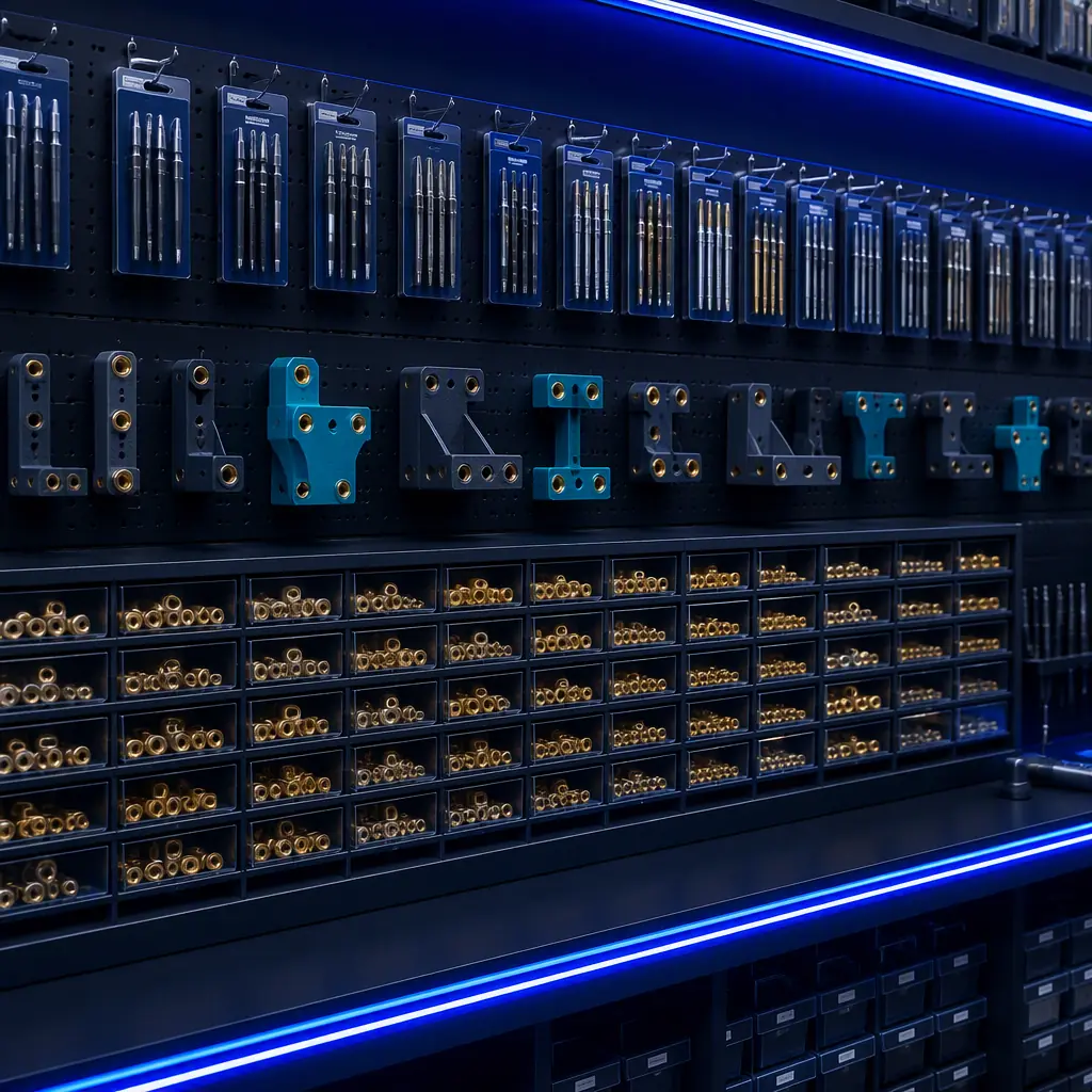 Retail display wall in a distributor store: labeled drawers of brass heat-set inserts sorted by size, soldering-iron tip kits, and 3D printed sample brackets demonstrating installed inserts, clean industrial retail shelving, professional lighting