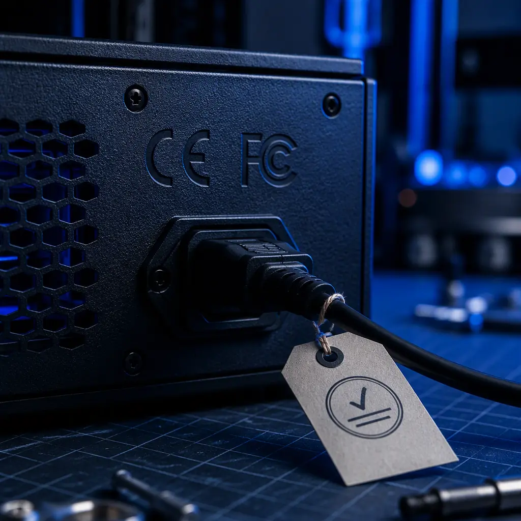 Macro close-up of CE and FCC certification markings engraved on a 3D printer back panel with quality inspection tag
