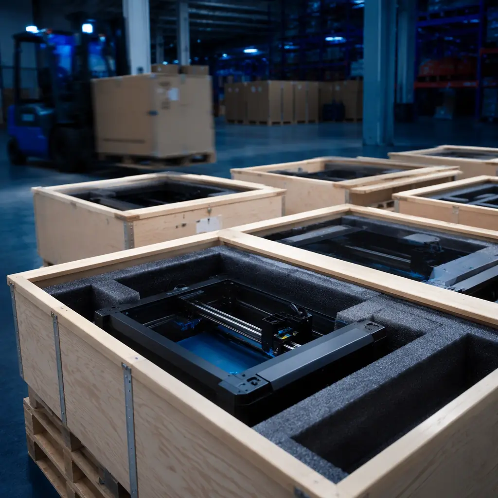 3D printers packed in foam inside shipping crates stacked on wooden pallets in a distribution warehouse