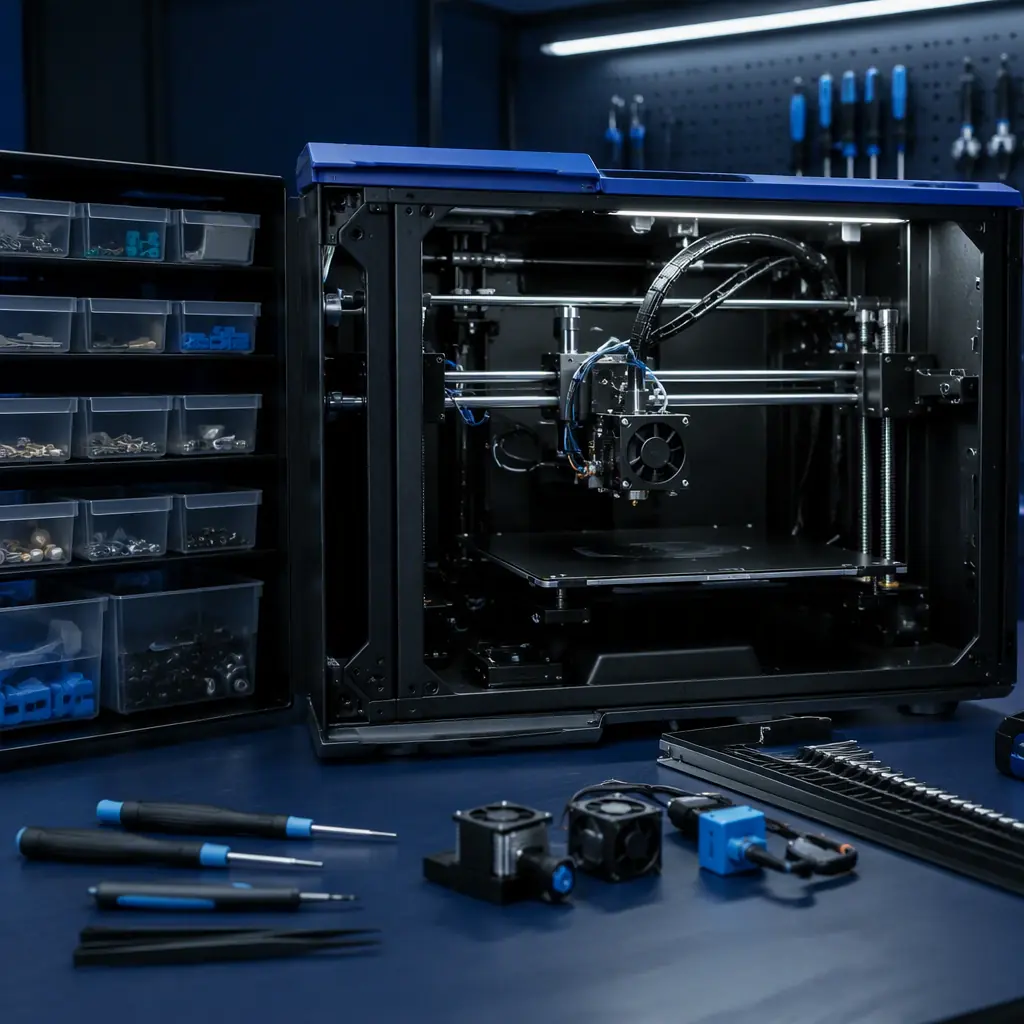 Open 3D printer with hotend and extruder assembly exposed, spare parts trays and tools on a service workbench