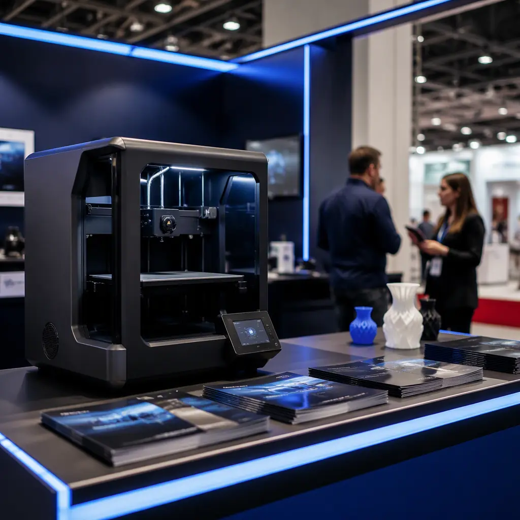 3D printer on display at a trade show booth, distributor and customer in conversation in the background