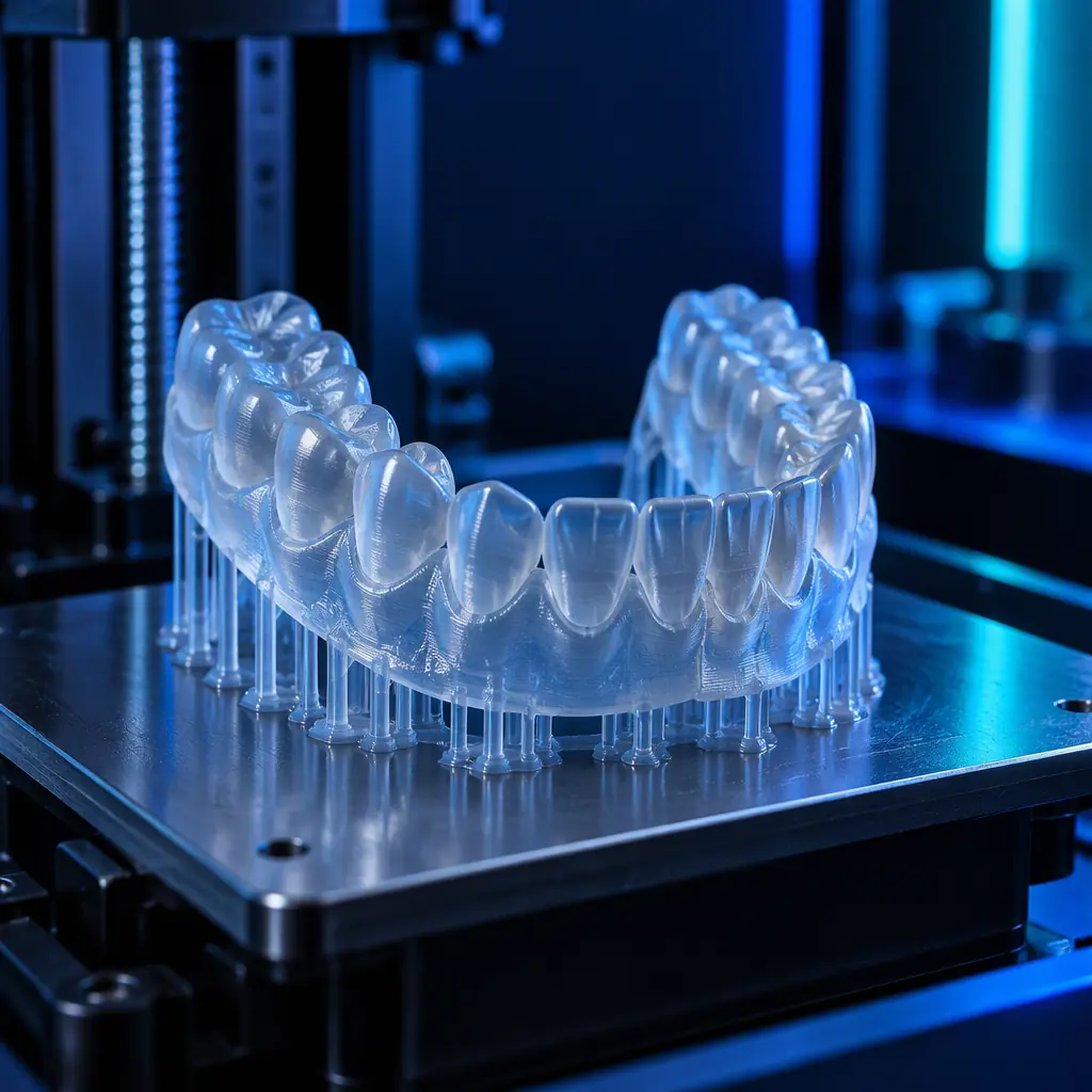 Photograph of a dental laboratory bench with a 3D printer, a printed dental arch model and a handheld intraoral scanner wand resting on a dark matte surface