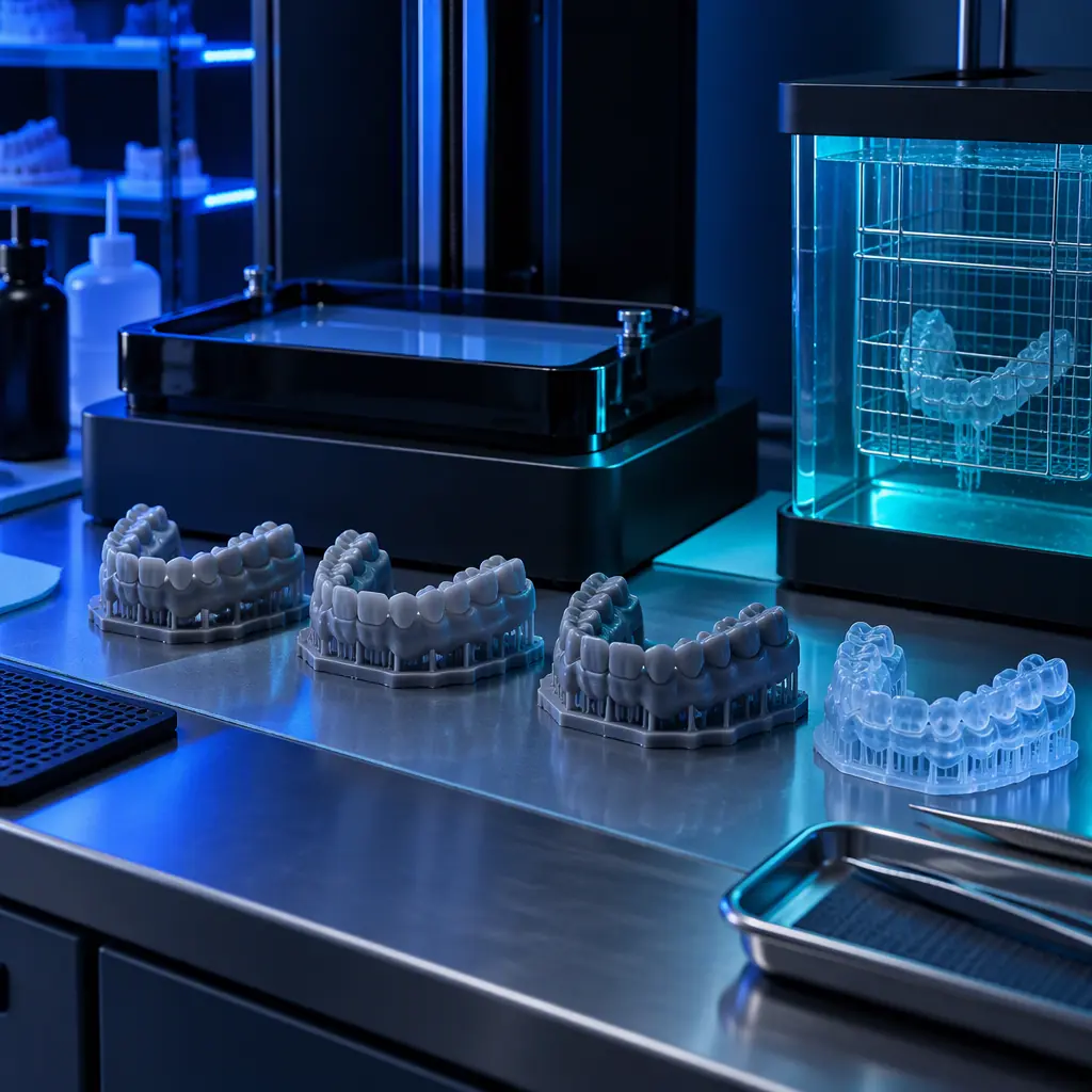 Close-up photograph of a printed dental arch model on a build platform with visible fine layer detail under cool blue laboratory lighting