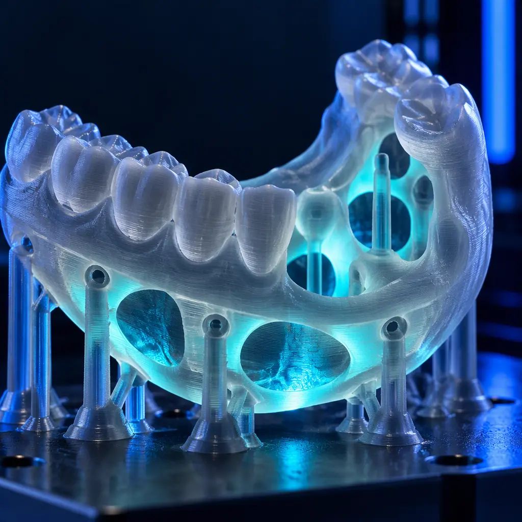 Photograph of digitally designed dental arches displayed as physical printed models arranged in a row on a laboratory bench beside a resin vat