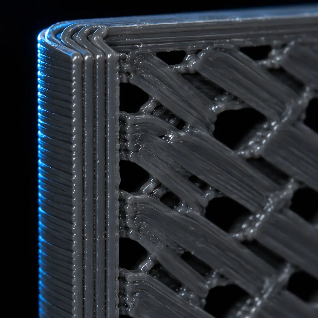 Macro cross-section render of a 3D printed wall showing layer lines, perimeter shells and a small internal void between infill roads, blue rim light