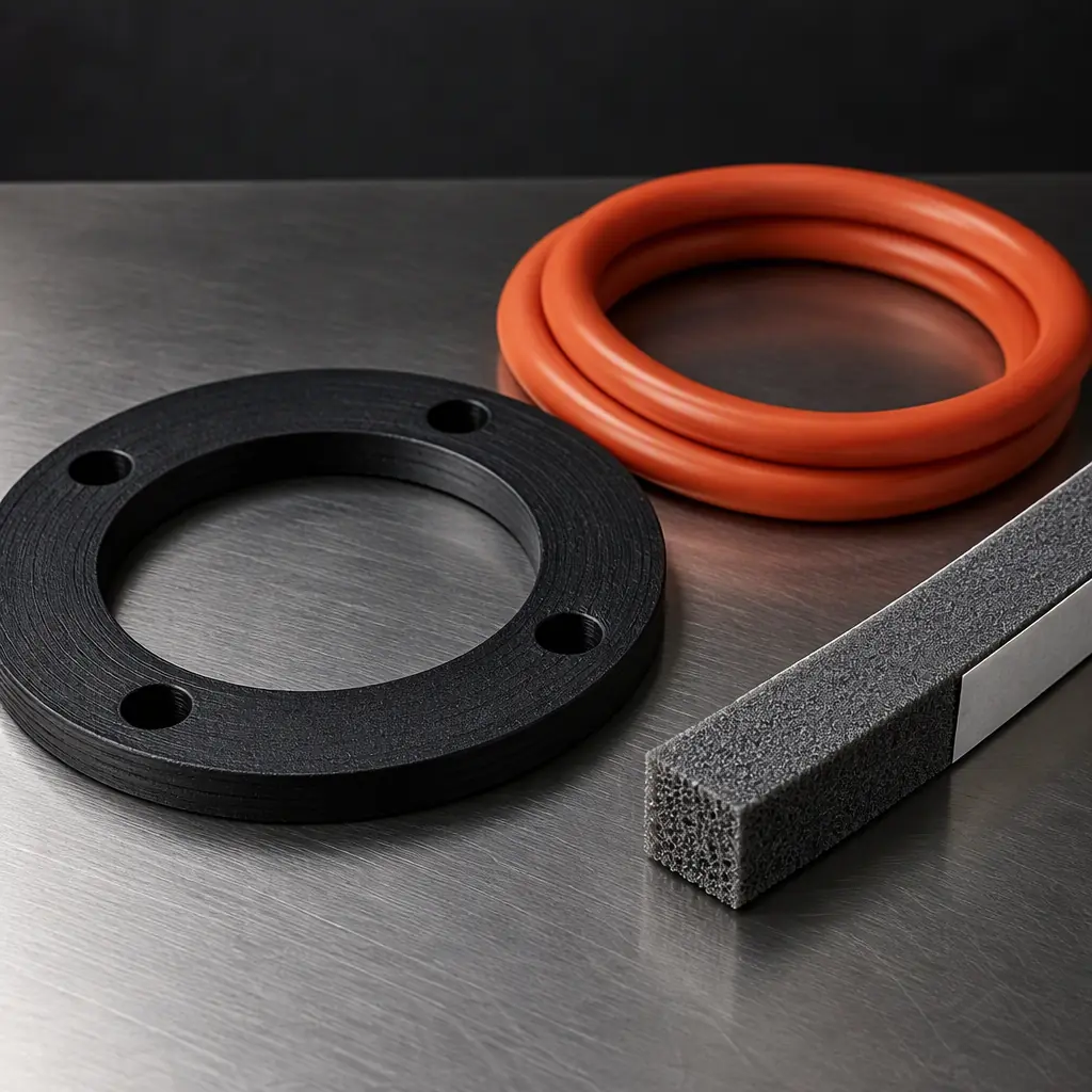 Three gasket samples on a steel bench: black TPU printed gasket, orange silicone cord, grey foam tape, macro studio lighting