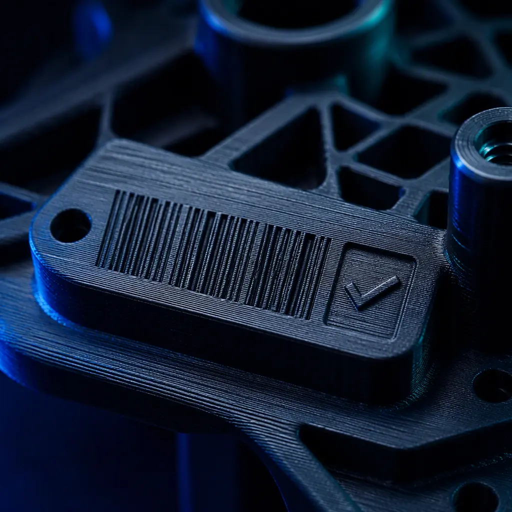 3D printed part with a machined-in identification code and a QC tag on a design review bench, engineering context