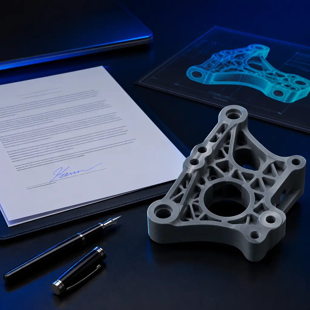 Licensing documents and a signed agreement beside a 3D printed prototype part on a dark business desk