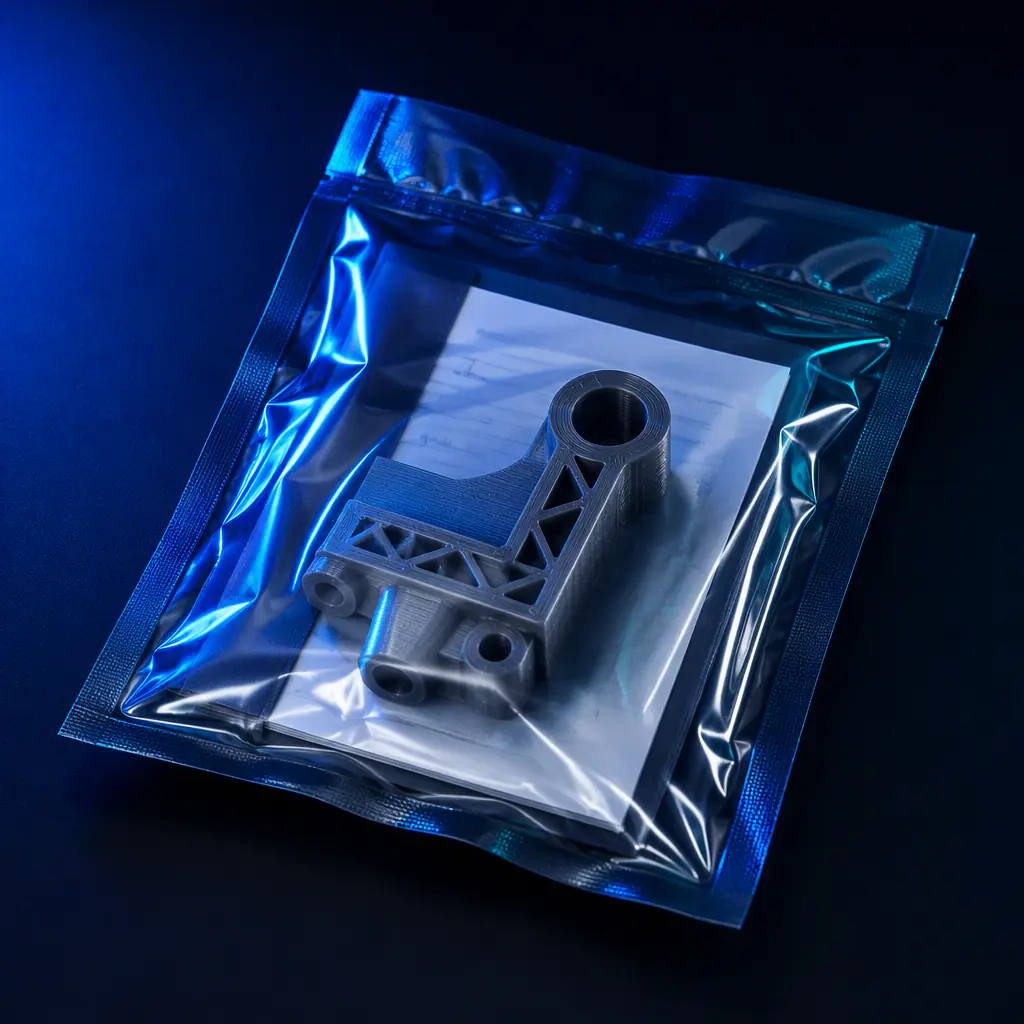Sealed tamper-evident pouch holding a 3D printed reference part and an NDA document, controlled-use context