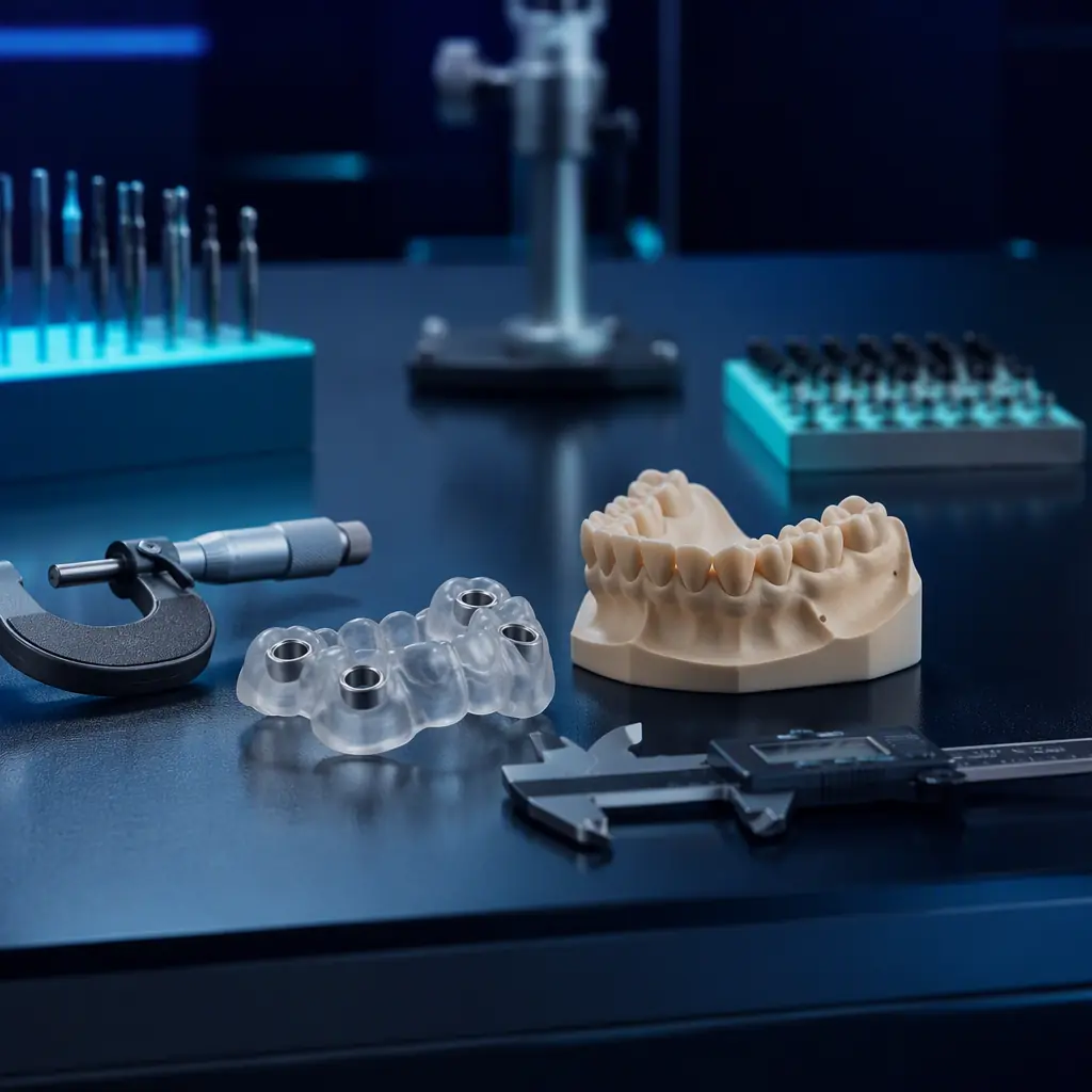 A 3D printed dental model and surgical guide on a lab bench with quality inspection instruments