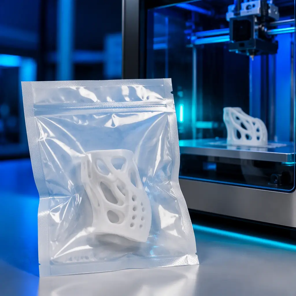 A sterilized 3D printed medical component in sterile packaging beside a precision 3D printer
