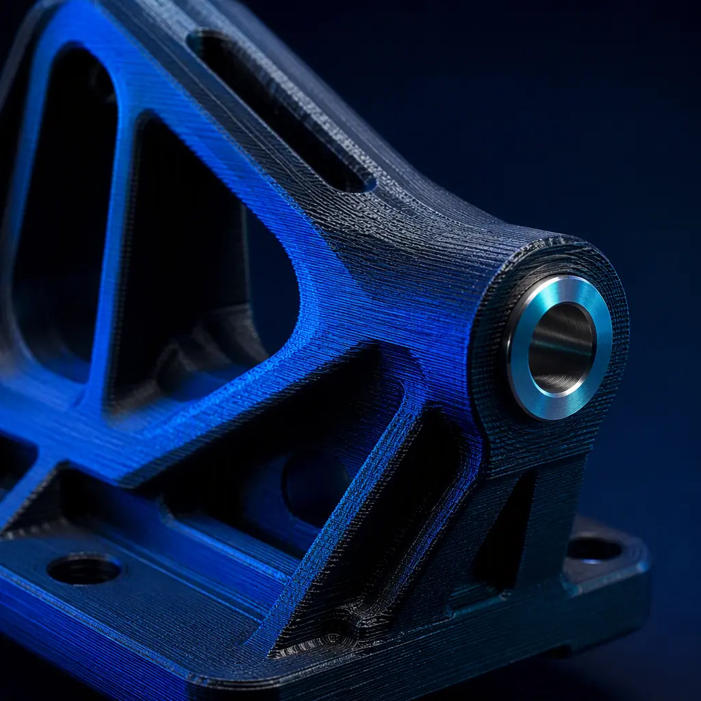 Macro close-up of a 3D printed aerospace-grade bracket with fine layered geometry