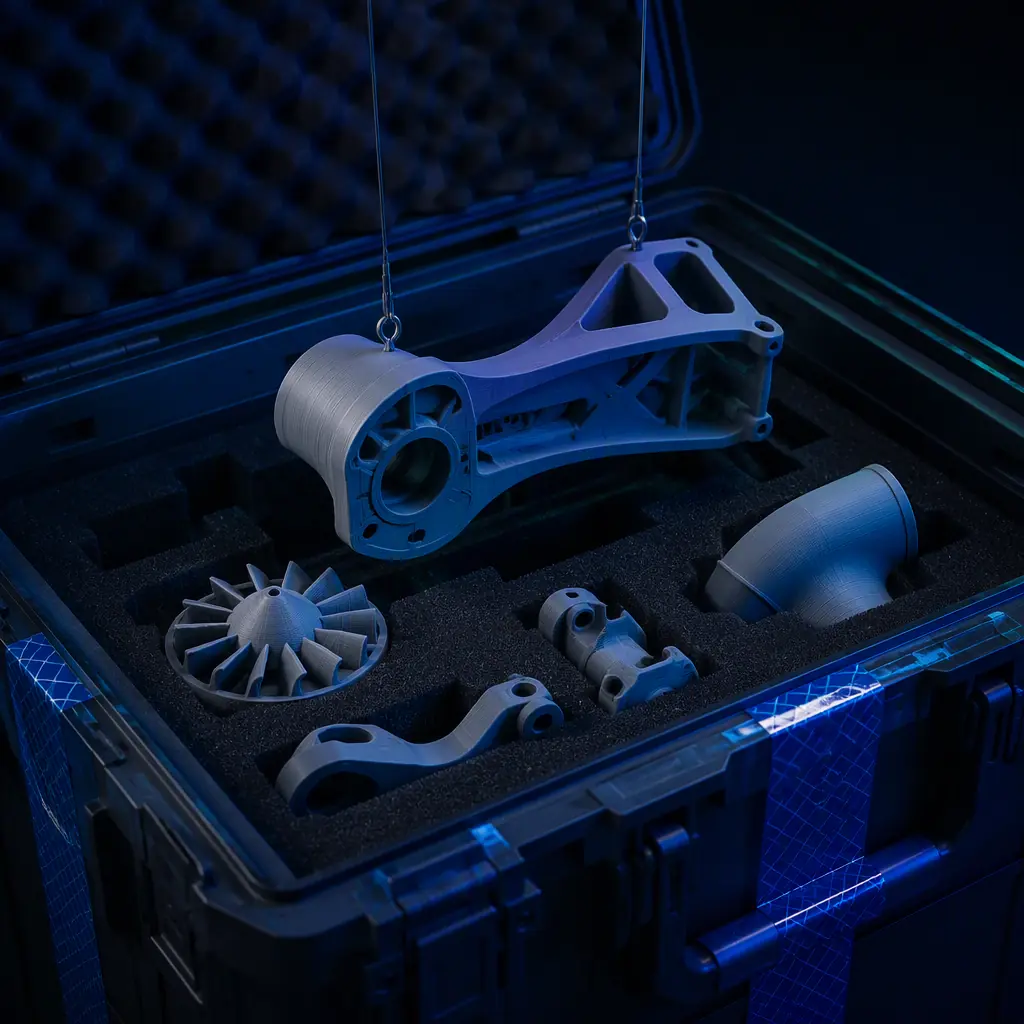 3D printed defense and aerospace replacement parts packed in a sealed foam-lined export crate