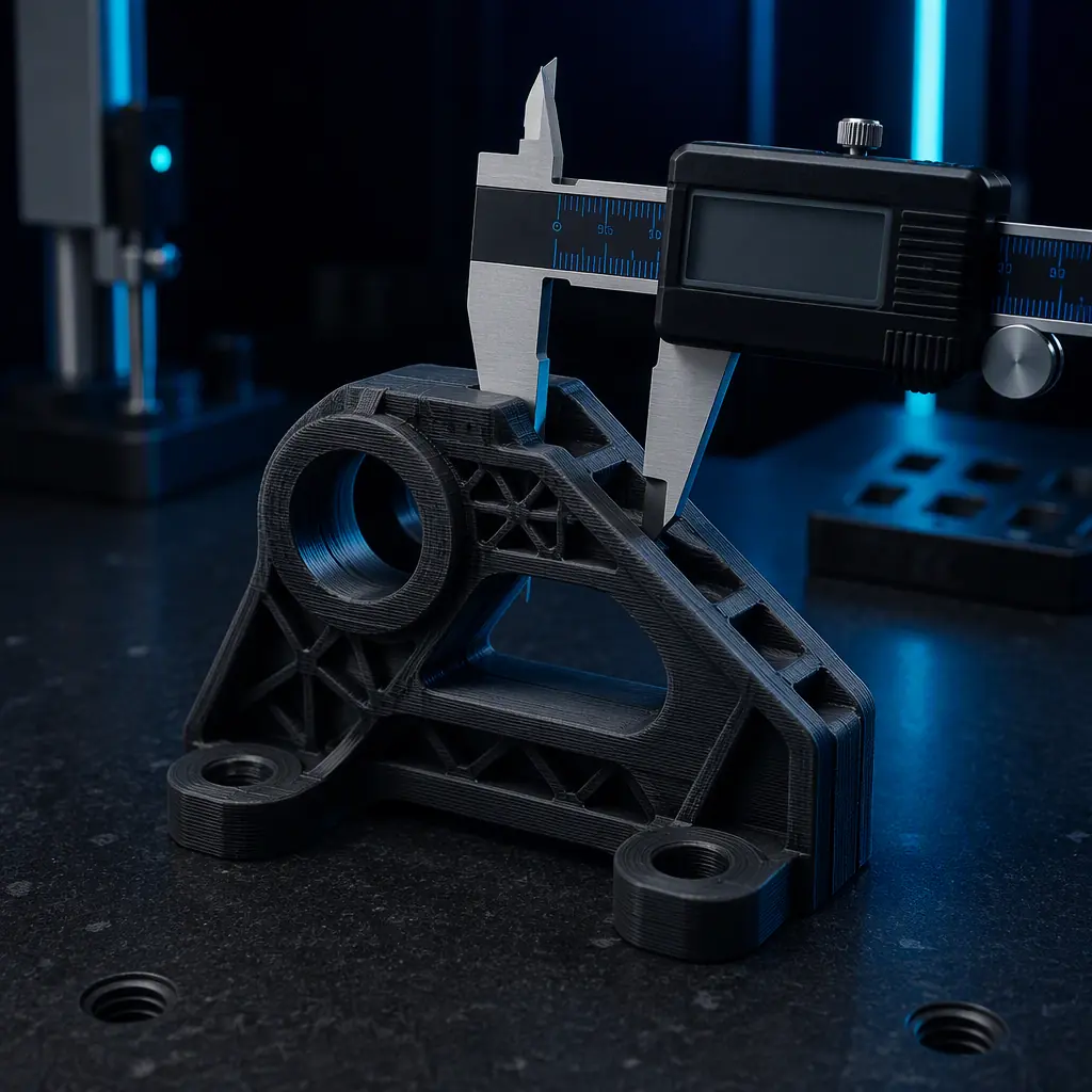 3D printed structural part being measured with a digital caliper on a dark metrology bench
