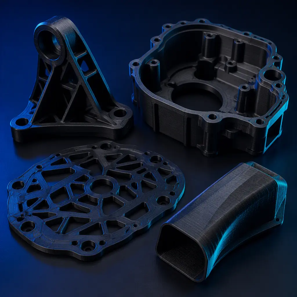 Array of 3D printed controlled-use engineering components on a dark bench