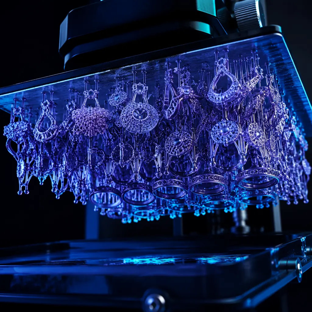Close-up macro of LCD resin printer build plate filled with delicate castable resin ring and pendant patterns, purple UV light glow, array of intricate jewelry designs with support structures visible, industrial dark navy background with electric blue accent lighting