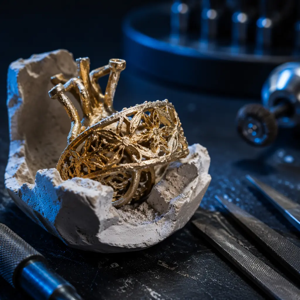 Macro close-up of finished cast gold ring with intricate filigree pattern emerging from investment plaster mold, raw casting surface visible with sprues attached, jeweler's bench in soft-focus background, dramatic studio lighting with gold reflection highlights on dark navy surface