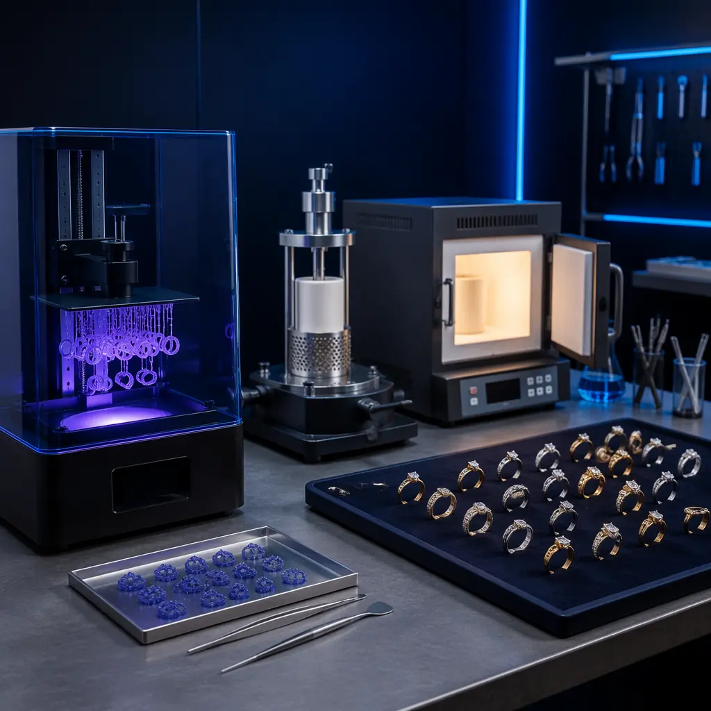 Jewelry workshop workbench scene: LCD resin printer on left printing ring patterns with purple UV glow, investment casting flask and burnout furnace visible in center background, array of finished cast gold and silver rings on dark velvet display pad on right, professional studio lighting with warm accent highlights