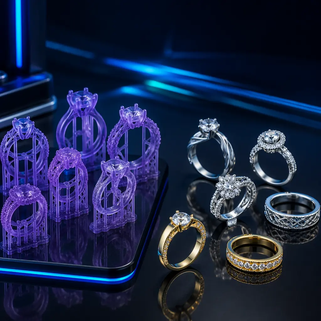 Side-by-side comparison on dark reflective surface: array of delicate castable resin ring patterns in translucent purple on left, finished cast silver and gold rings with polished finish on right, soft studio lighting emphasizing the transformation from printed pattern to finished jewelry, dark navy background with subtle blue accent rim light