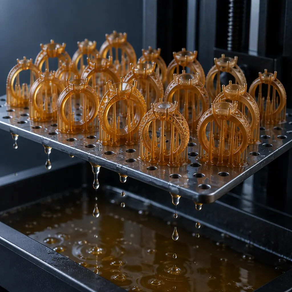 Photograph of a build plate of small amber castable resin ring patterns being lifted from a resin printer with a gloved hand and a drainage tray below