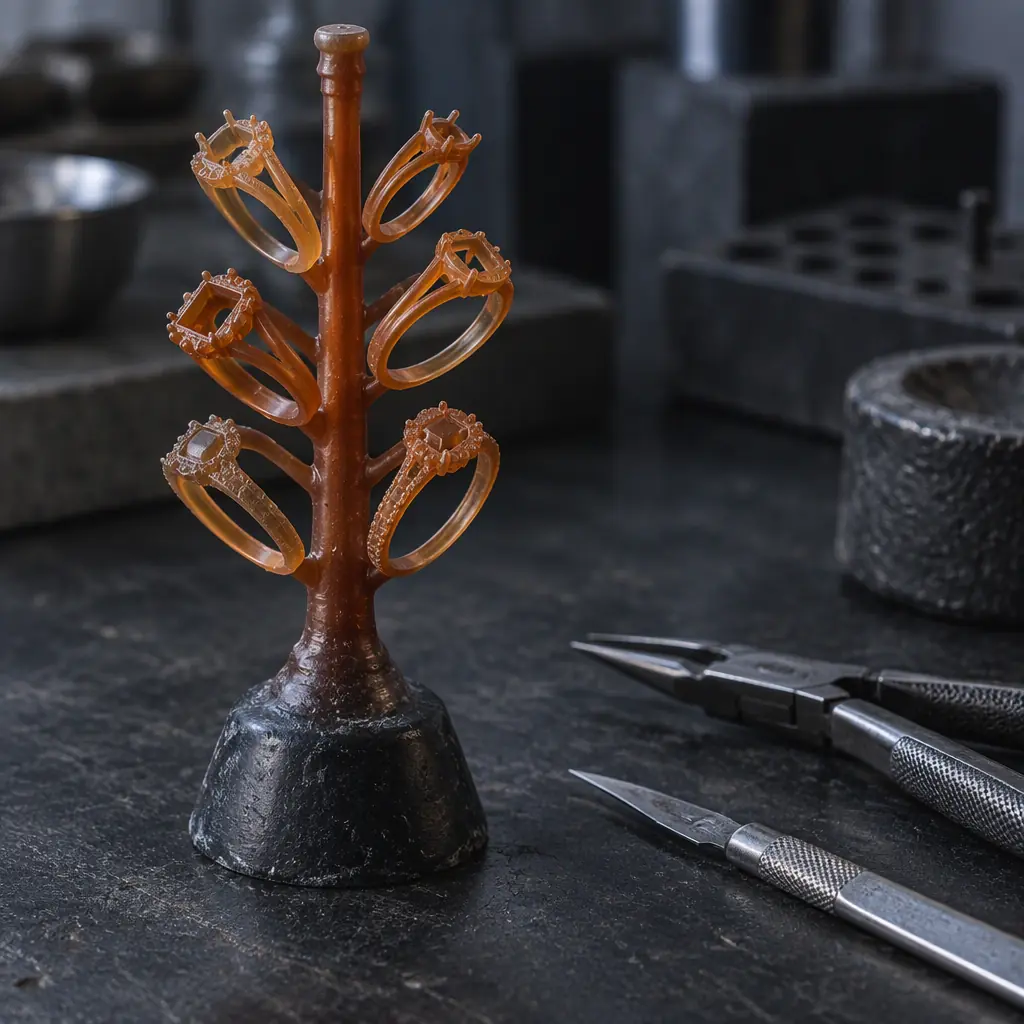 Photograph of an amber resin casting tree with several ring patterns attached to a central sprue standing on a workbench beside jeweller's tools
