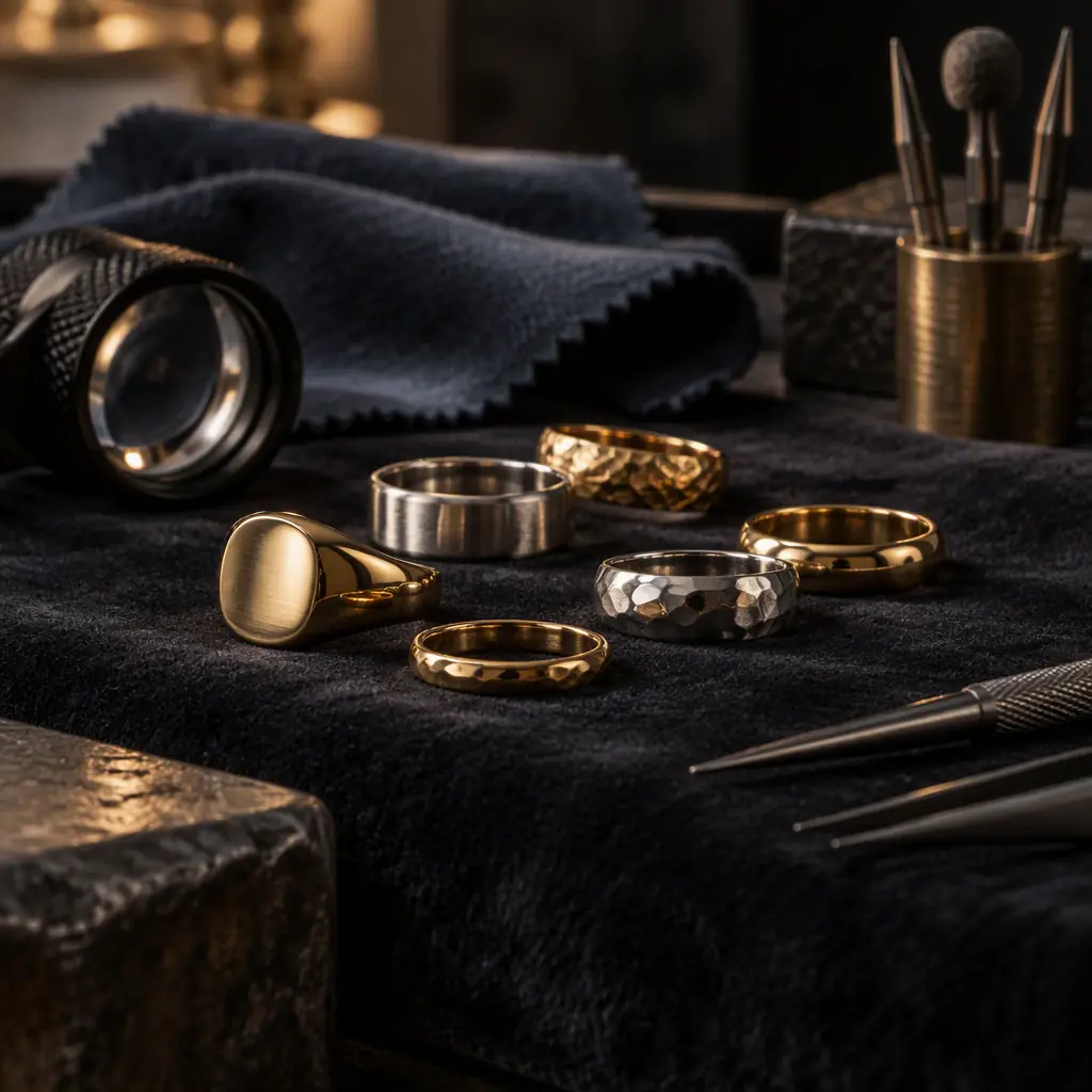 Photograph of finished jewelry castings in gold and silver on a dark workbench beside a loupe and polishing tools under warm accent lighting