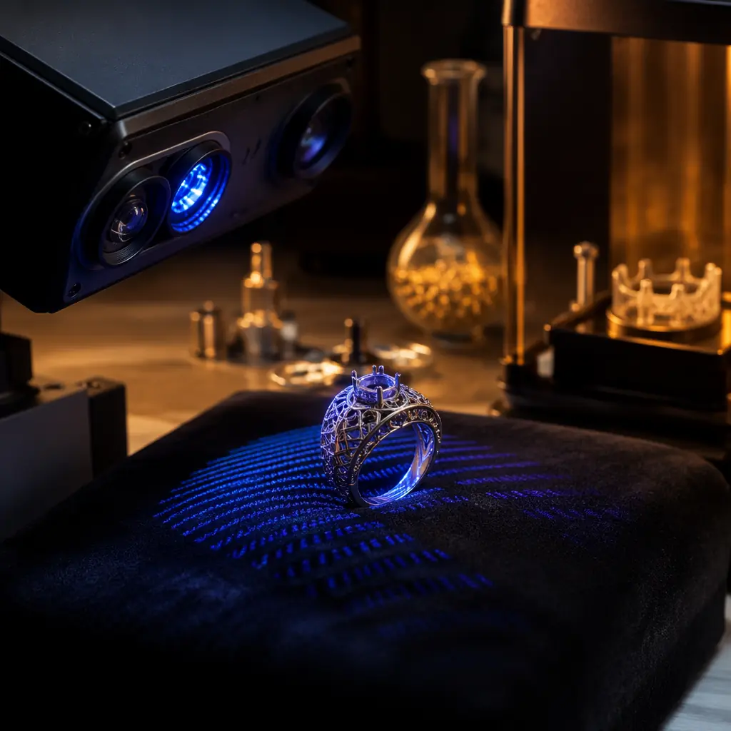 Jewelry workshop scene: structured light 3D scanner digitizing a wax master ring, with resin 3D printer and casting flask visible in background