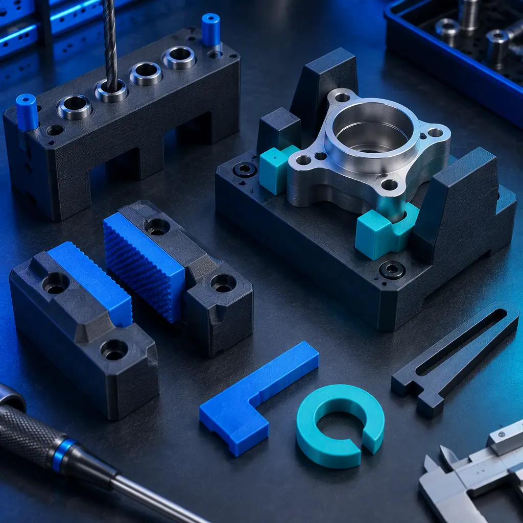Photograph of a production workbench with several 3D printed jigs and fixtures in blue and grey arranged on a dark surface, including a drill guide block and a locating nest with a metal part seated in it