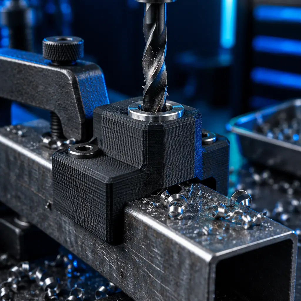 Macro photograph of a 3D printed drill guide block clamped onto a metal workpiece with a drill bit passing through the printed bushing, metal chips visible on the dark bench