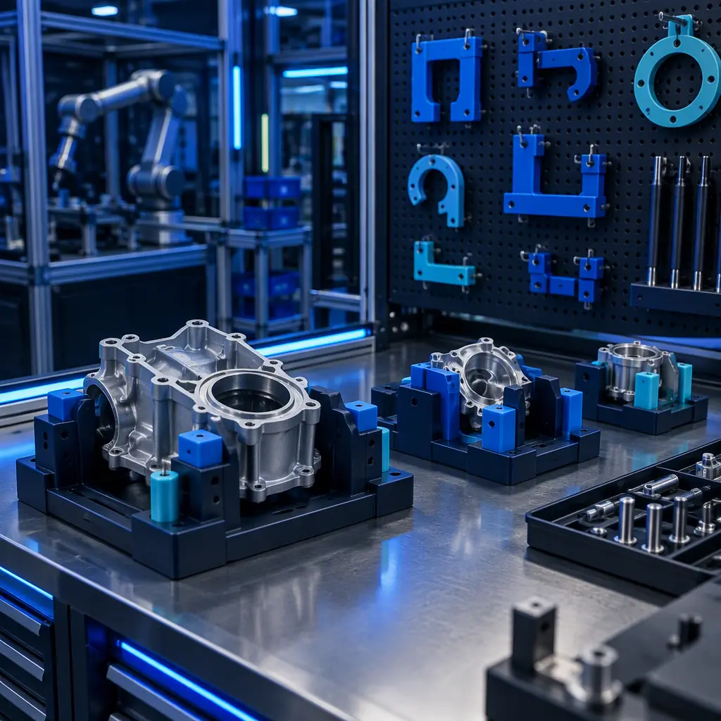 Photograph of a manufacturing cell with 3D printed fixtures in use at an assembly station, parts seated in a locating nest and a row of printed gauges hung on a tool board behind