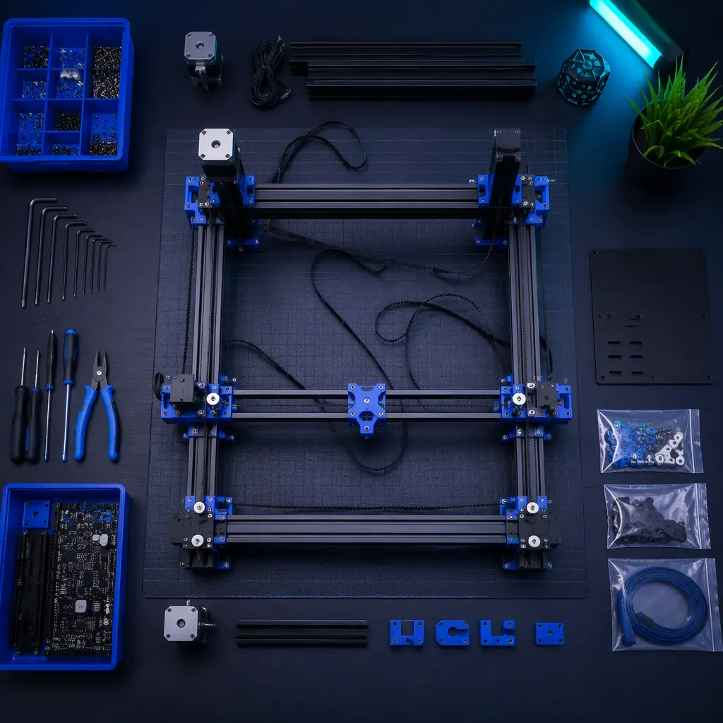 Partially assembled 3D printer frame on workbench with gantry mounted but electronics loose, tools and zip ties visible, industrial workshop lighting, deep navy background
