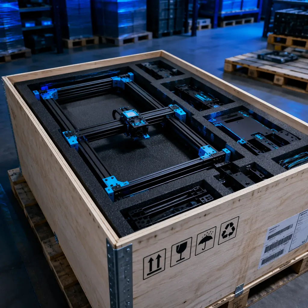 Shipping crate with 3D printer components neatly packed in foam, partially assembled frame visible, export labels on crate side, warehouse setting with pallets, industrial lighting