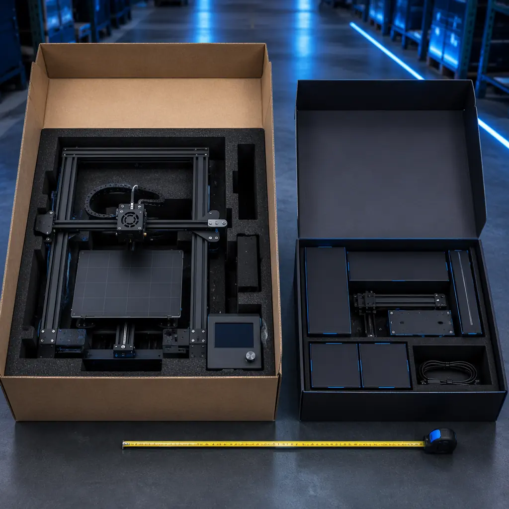 Side-by-side comparison of 3D printer packaging: fully assembled printer in large box with foam cutouts vs compact kit box with nested components, warehouse lighting
