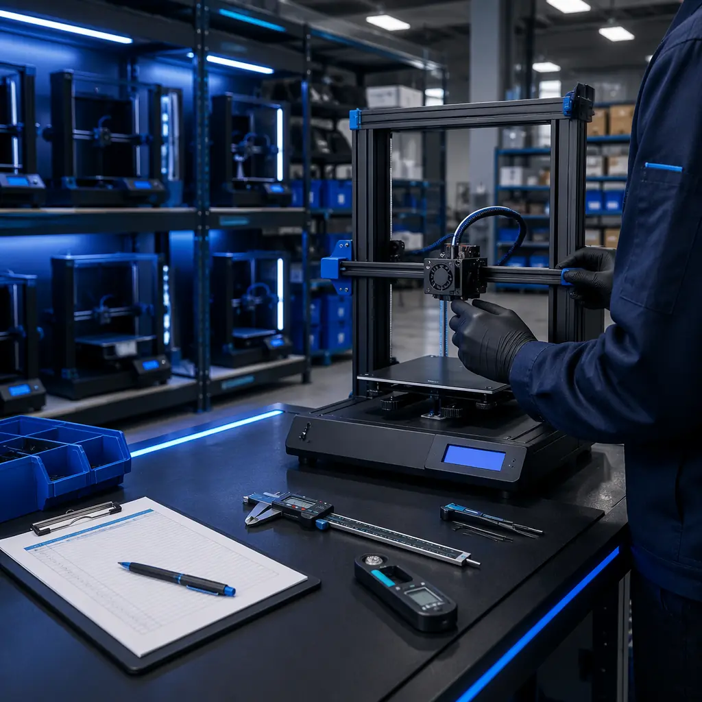 Distributor warehouse technician performing final QC check on partially assembled 3D printer, calibration tools and checklist visible on workbench, clean industrial workspace with multiple printers in background
