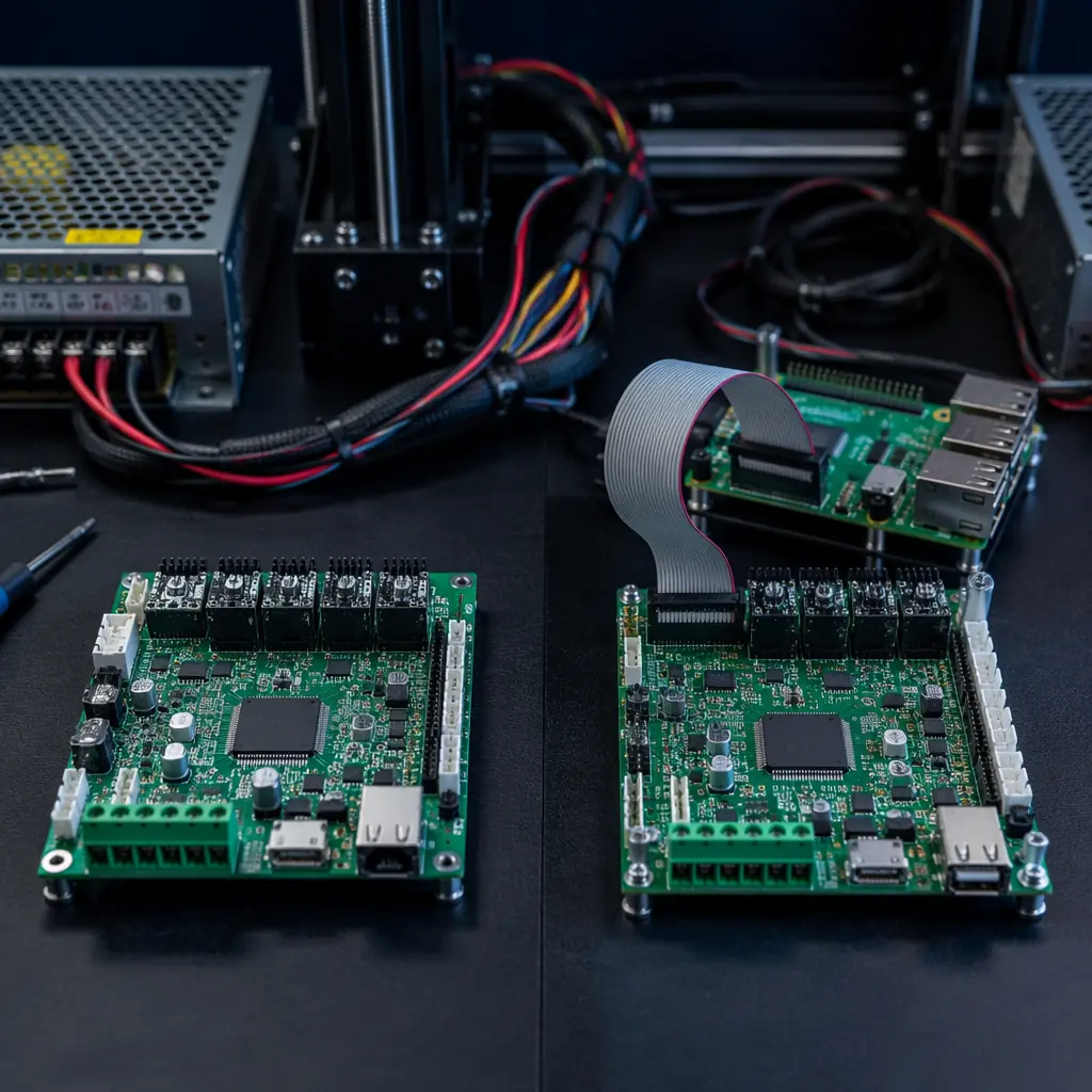 Side-by-side hardware comparison: Klipper setup with Raspberry Pi and printer mainboard vs single-board Marlin controller