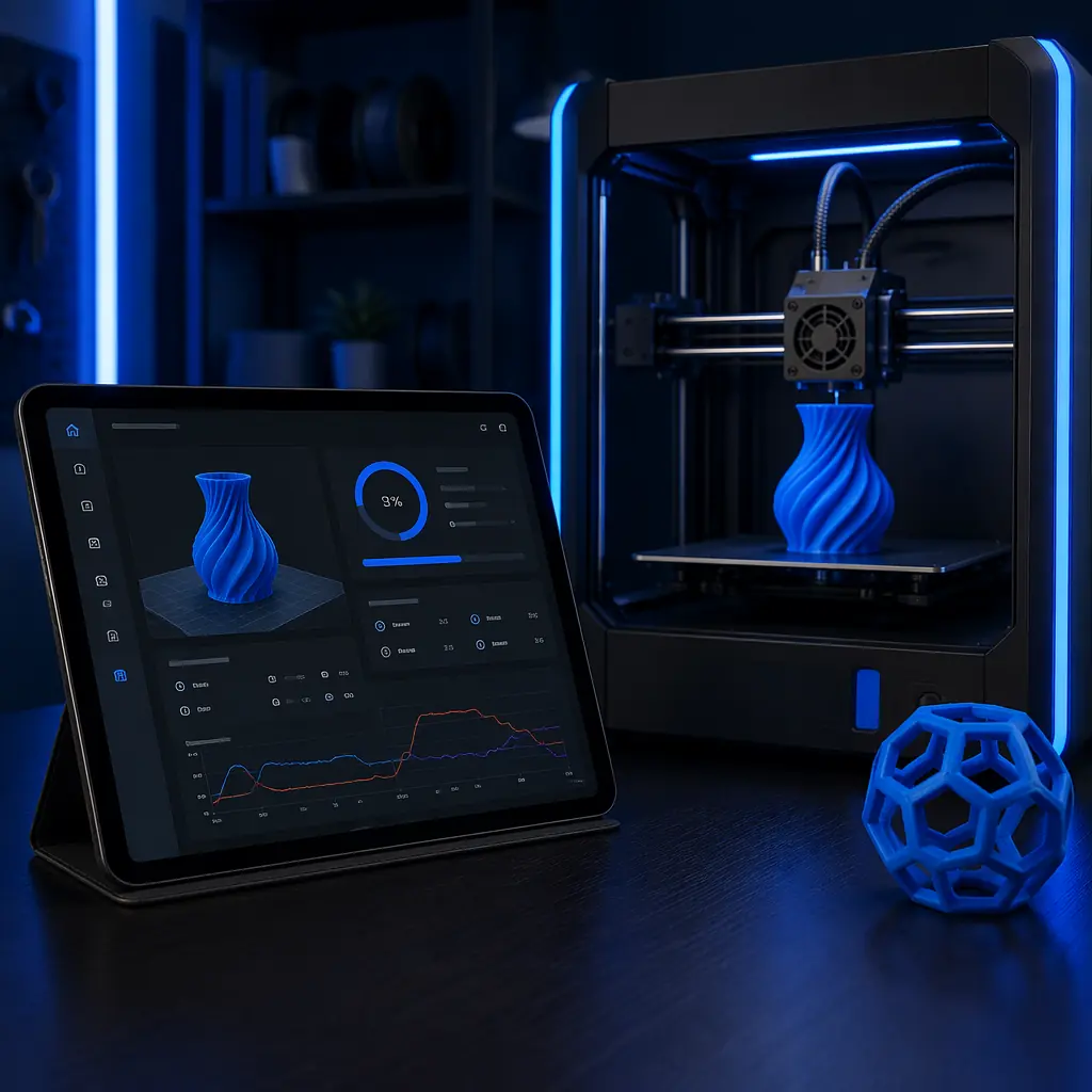 Klipper web interface displayed on tablet next to 3D printer mid-print, showing real-time print monitoring dashboard