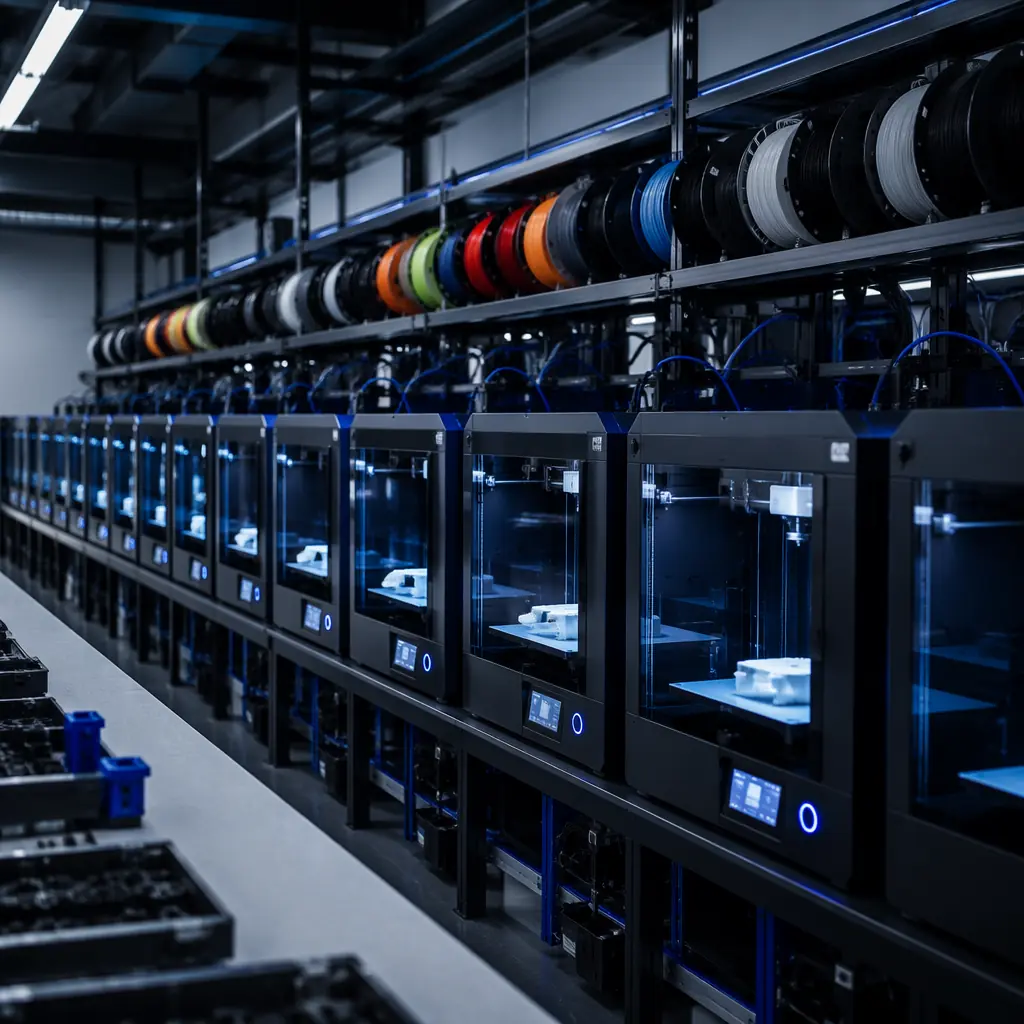 Print farm setup with multiple identical 3D printers, each with Klipper screen, centralized monitoring dashboard visible